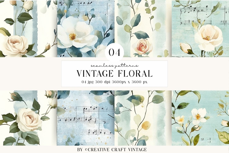 Vintage Floral Seamless Patterns, digital papers, watercolor