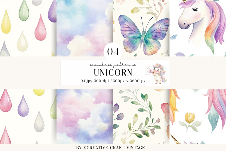 Unicorn Seamless Patterns, watercolor digital papers
