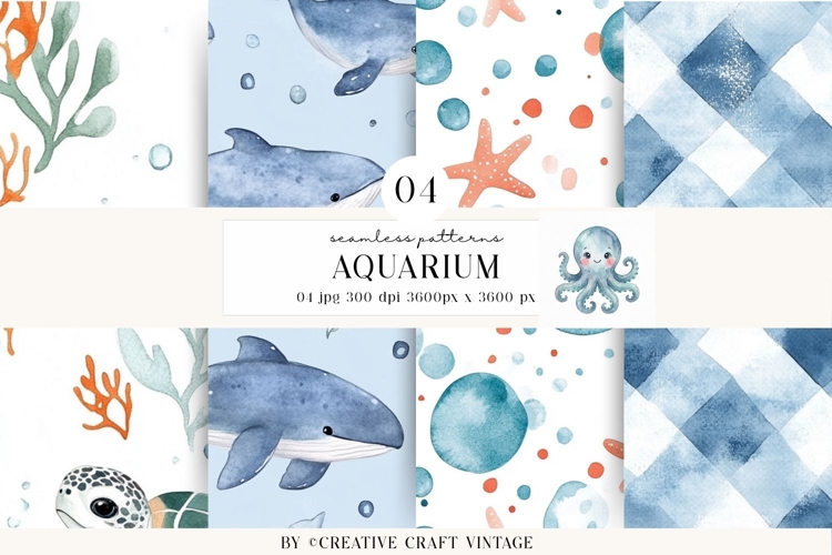 Sea Animals Seamless Pattern, watercolor digital paper example image 1
