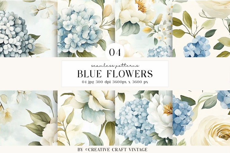 Blue Floral Seamless Patterns, digital papers, watercolor