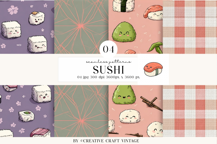 Kawaii Sushi Seamless Patterns, watercolor digital papers