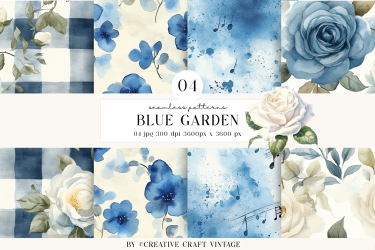 Blue Garden Seamless Pattern, Watercolor digital papers
