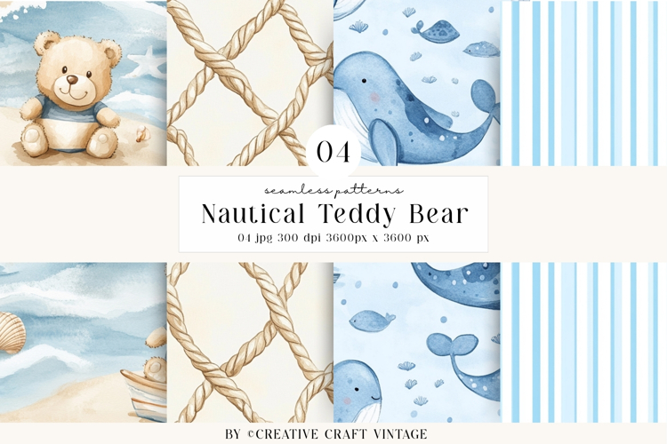 Nautical Teddy Bear Seamless Patterns, watercolor papers