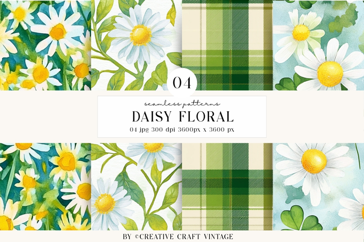 Daisy Floral Seamless Patterns, watercolor digital papers