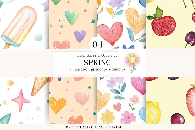 Spring Watercolor Seamless Patterns, vintage digital paper