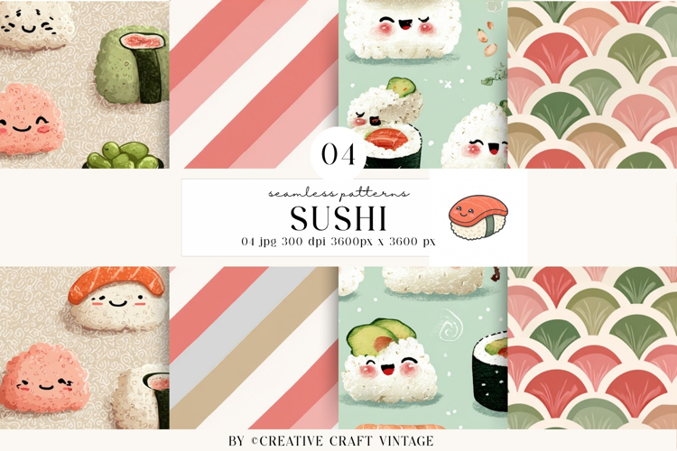 Kawaii Sushi Seamless Patterns, watercolor digital papers