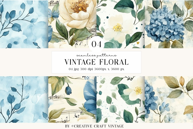 Vintage Floral Seamless Patterns, Watercolor digital papers