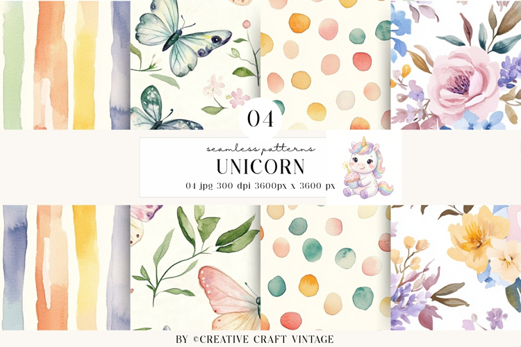 Unicorn Seamless Patterns, watercolor digital papers