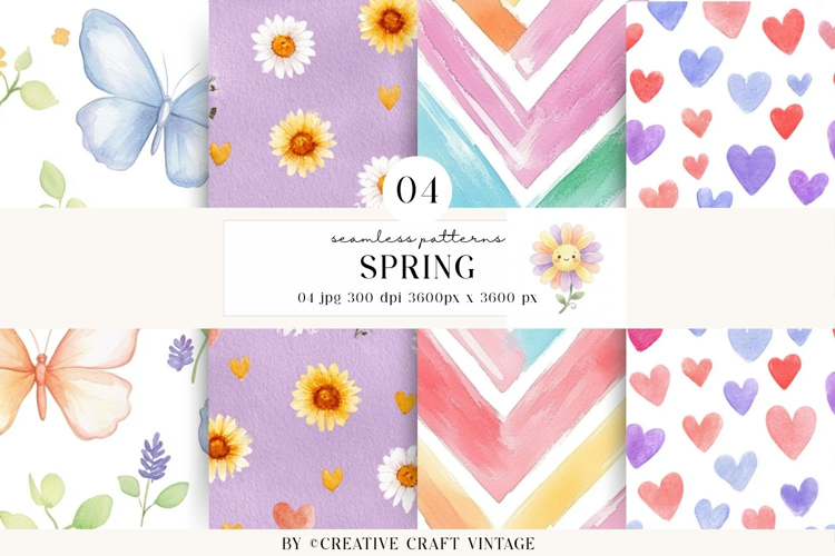 Spring Watercolor Seamless Patterns, vintage digital paper
