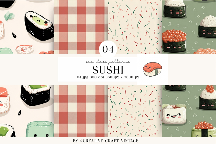 Kawaii Sushi Seamless Patterns, watercolor digital papers