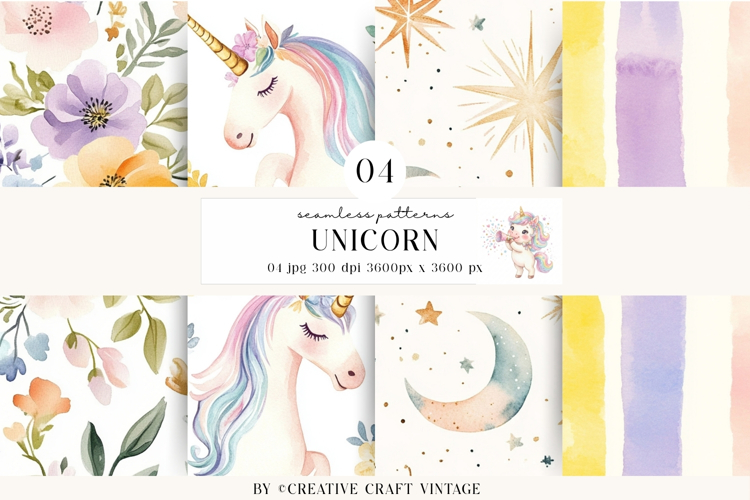 Unicorn Seamless Patterns, watercolor digital papers