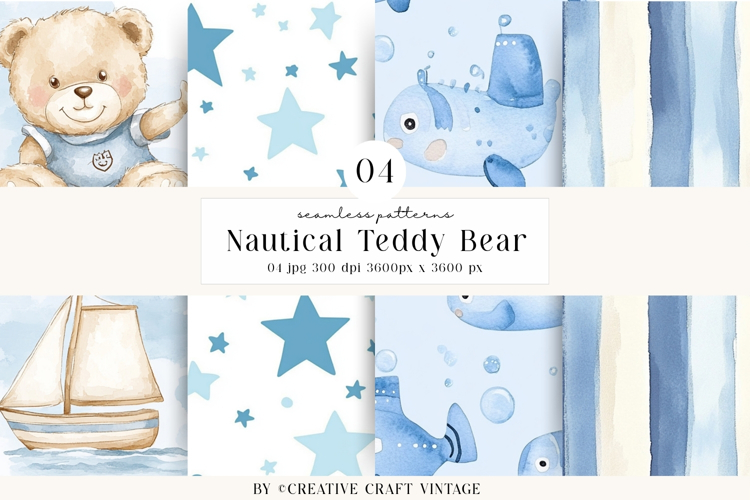 Nautical Teddy Bear Seamless Patterns, watercolor papers