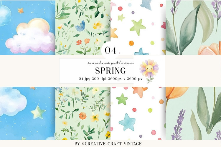 Spring Watercolor Seamless Patterns, vintage digital paper