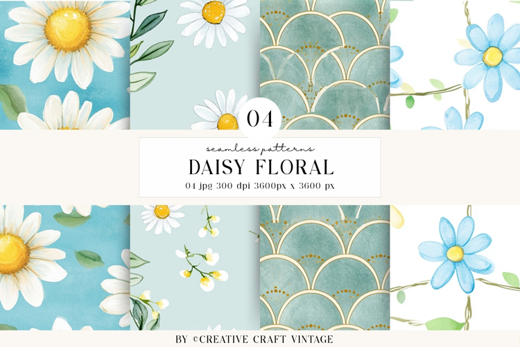 Daisy Floral Seamless Patterns, watercolor digital papers