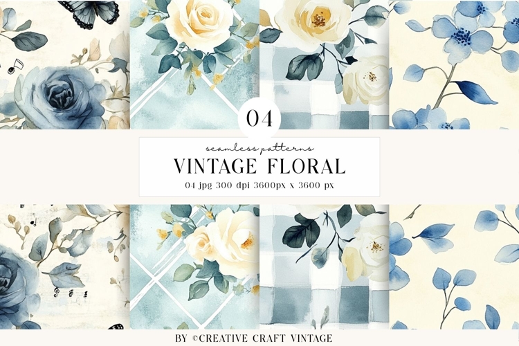 Vintage Floral Seamless Patterns, digital papers, watercolor