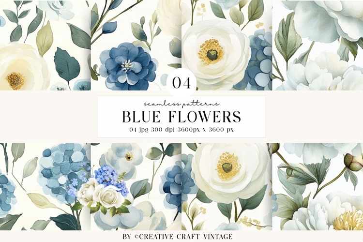 Blue Floral Seamless Patterns, digital papers, watercolor