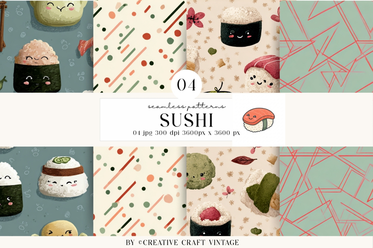 Kawaii Sushi Seamless Patterns, watercolor digital papers