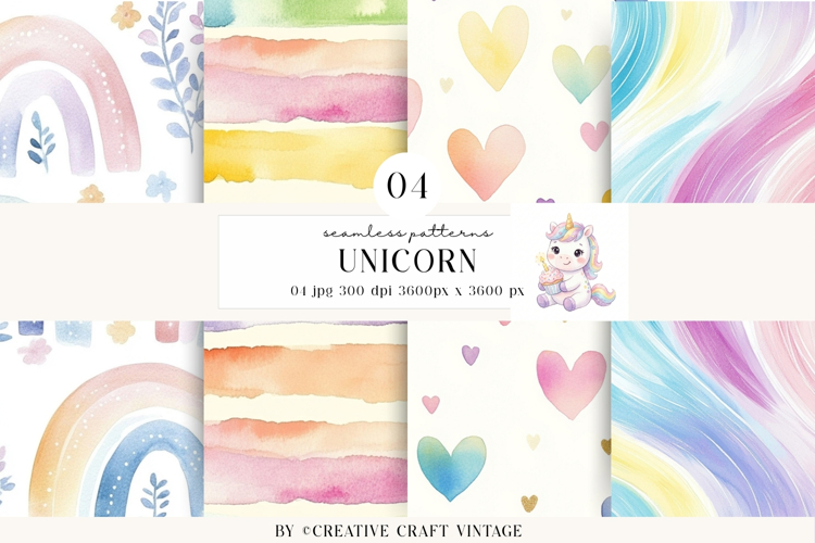 Unicorn Seamless Patterns, watercolor digital papers