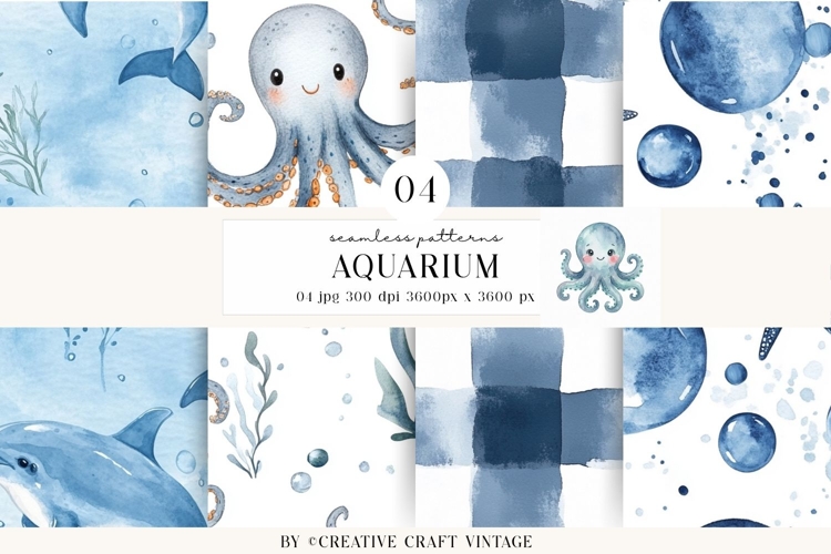 Sea Animals Seamless Pattern, watercolor digital paper example image 1