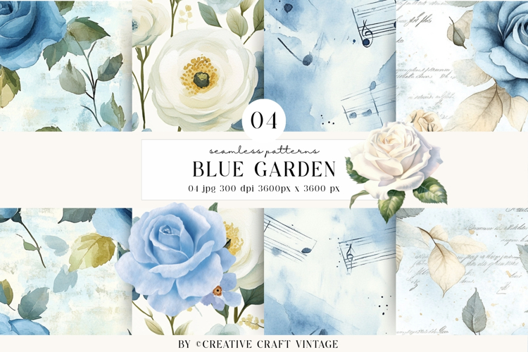 Blue Garden Seamless Pattern, Watercolor digital papers