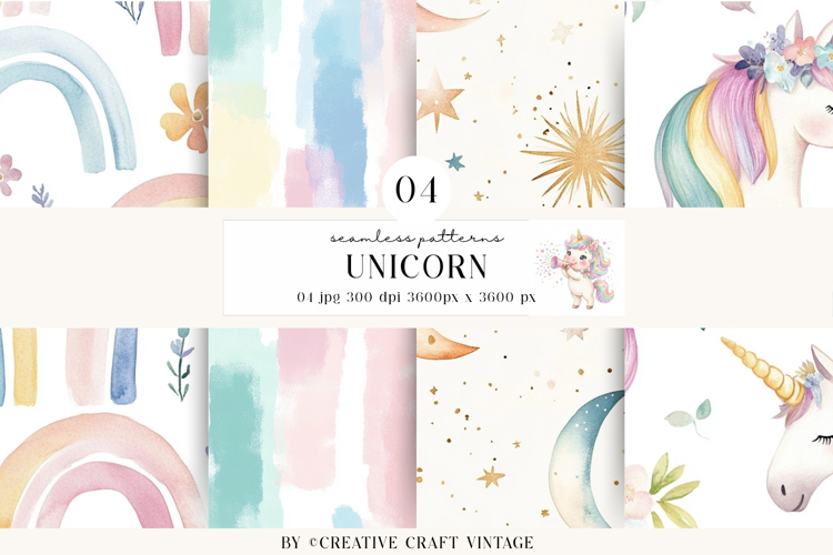 Unicorn Seamless Patterns, watercolor digital papers