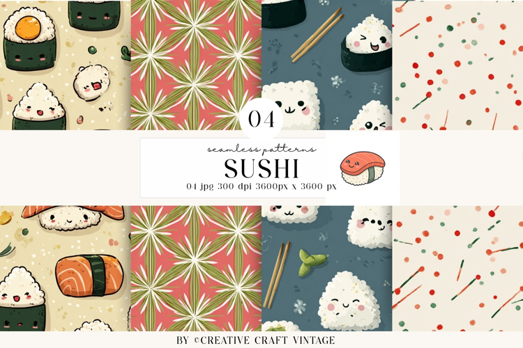 Kawaii Sushi Seamless Patterns, watercolor digital papers