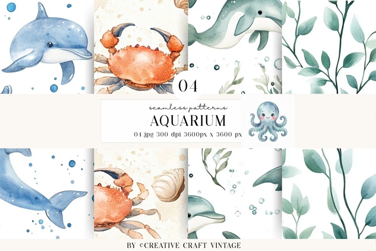 Sea Animals Seamless Pattern, watercolor digital paper example image 1