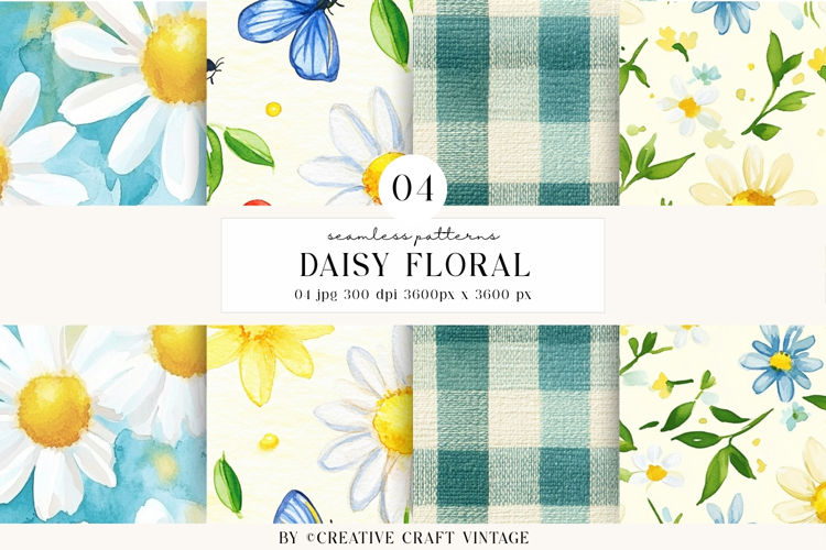 Daisy Floral Seamless Patterns, watercolor digital papers