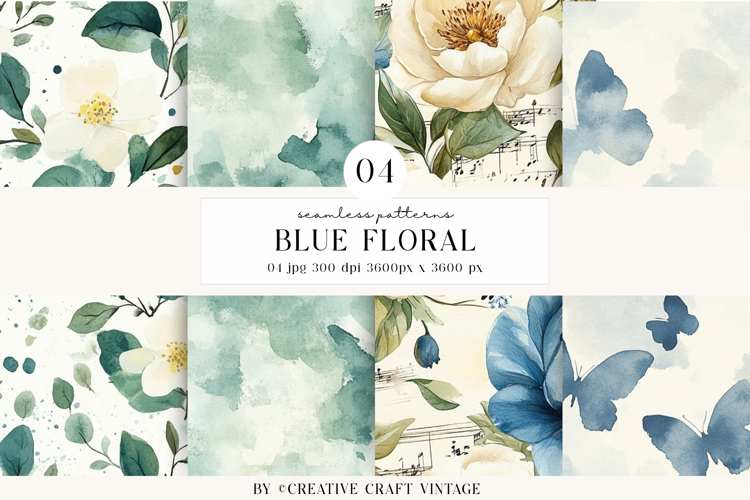 Blue Floral Seamless Patterns, digital papers, watercolor
