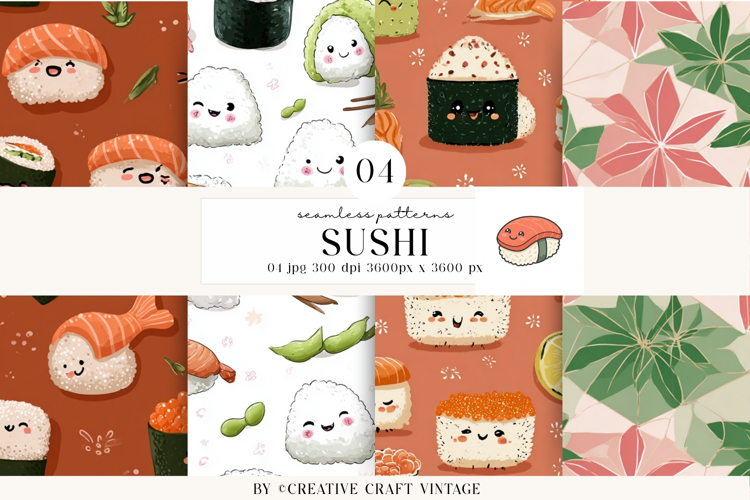 Kawaii Sushi Seamless Patterns, watercolor digital papers