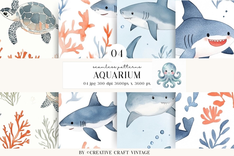 Sea Animals Seamless Pattern, watercolor digital paper example image 1