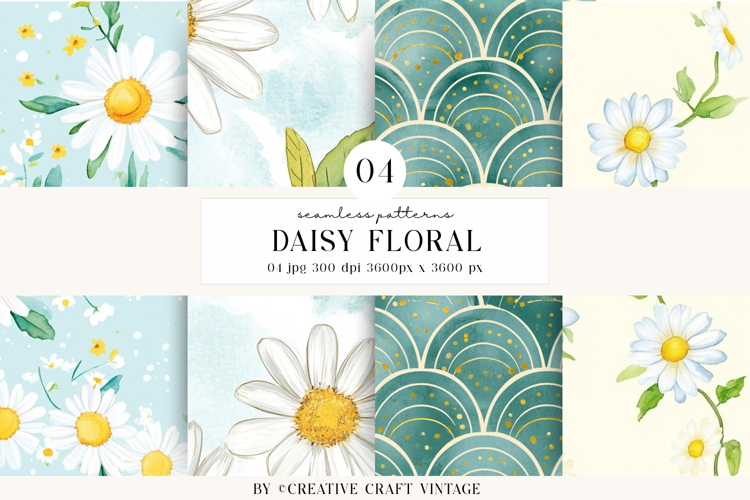 Daisy Floral Seamless Patterns, watercolor digital papers