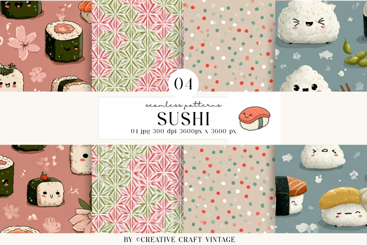 Kawaii Sushi Seamless Patterns, watercolor digital papers