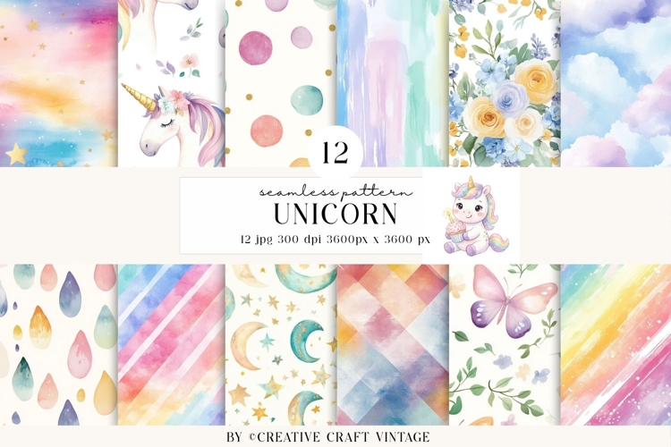 Unicorn Seamless Patterns, watercolor digital papers