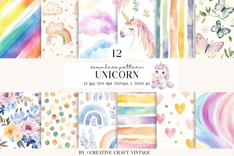 Unicorn Seamless Patterns, watercolor digital papers