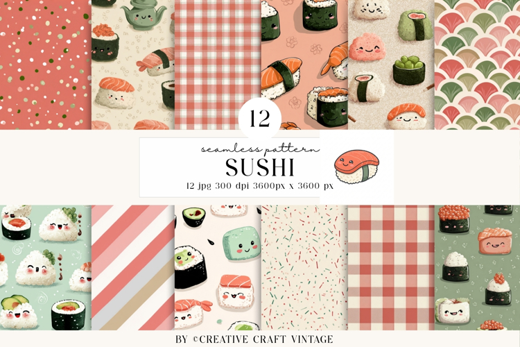 Kawaii Sushi Seamless Patterns, watercolor digital papers