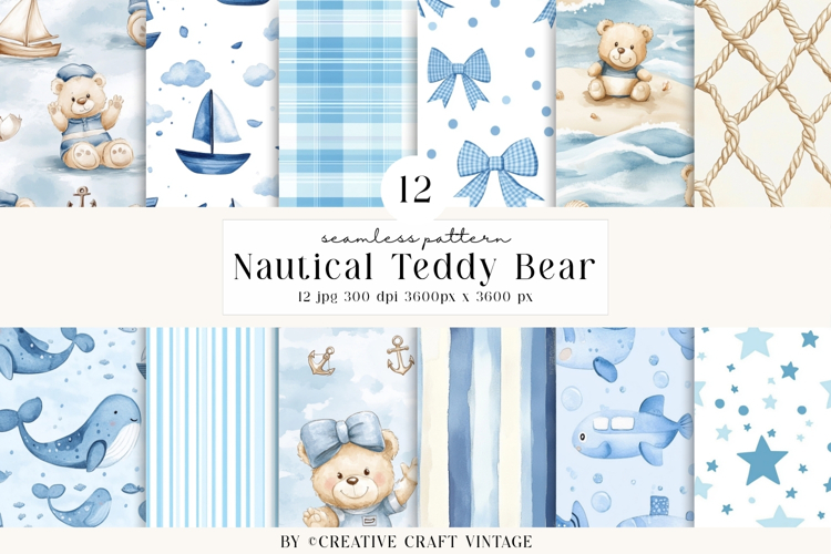Nautical Teddy Bear Seamless Patterns, watercolor papers