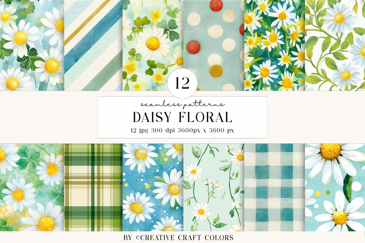 Daisy Floral Seamless Patterns, watercolor digital papers