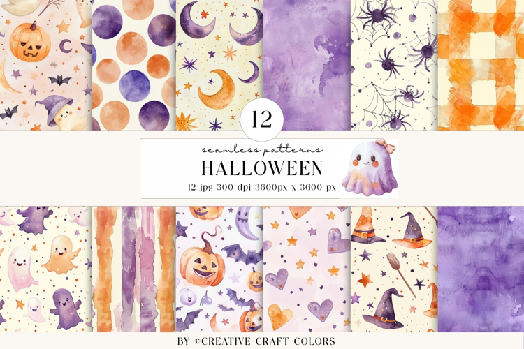 Halloween Seamless Patterns, watercolor digital papers