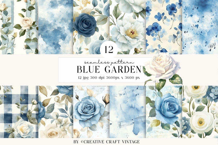 Blue Garden Seamless Pattern, Watercolor digital papers