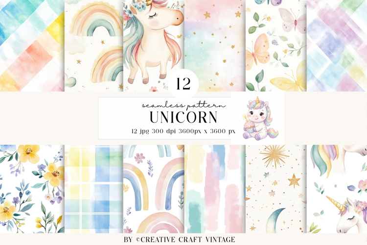 Unicorn Seamless Patterns, watercolor digital papers