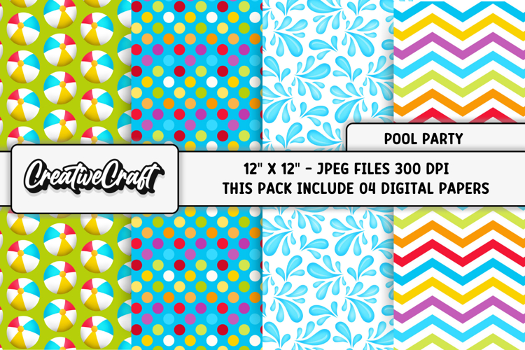 Pool Party digital papers, summer tropical scrapbook designs