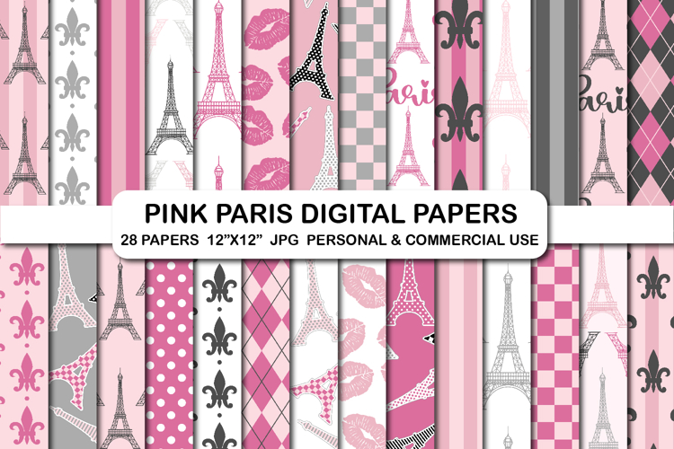 28 Pink Paris Digital Papers Set Eiffel Tower Oh la la Paper
