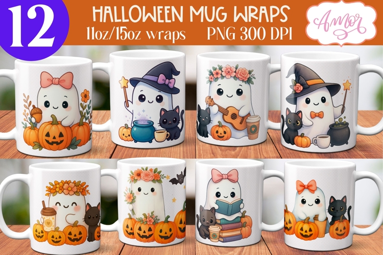 BUNDLE Halloween Mug Wrap PNG, Cute Ghost Mug Template