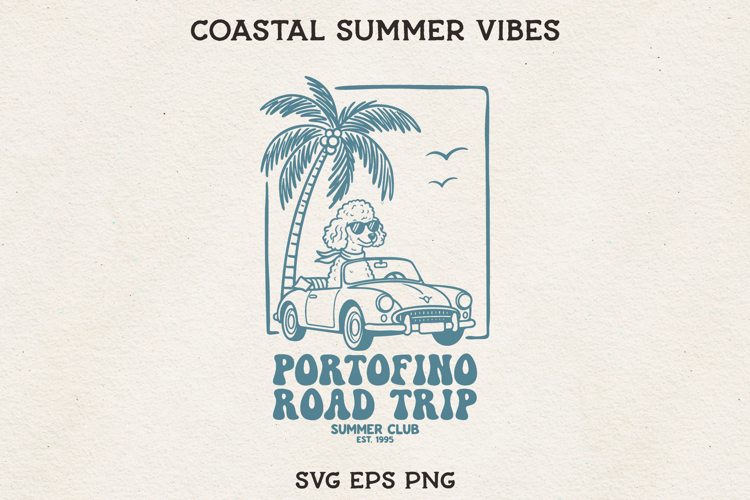 Portofino Road Trip SVG Vintage Summer Car Dog Illustration