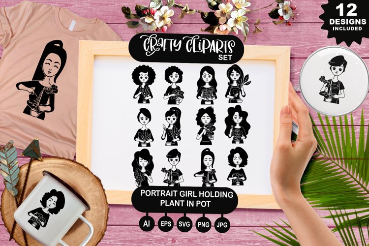 Portrait Girl Holding Plant In Pot Illustrations