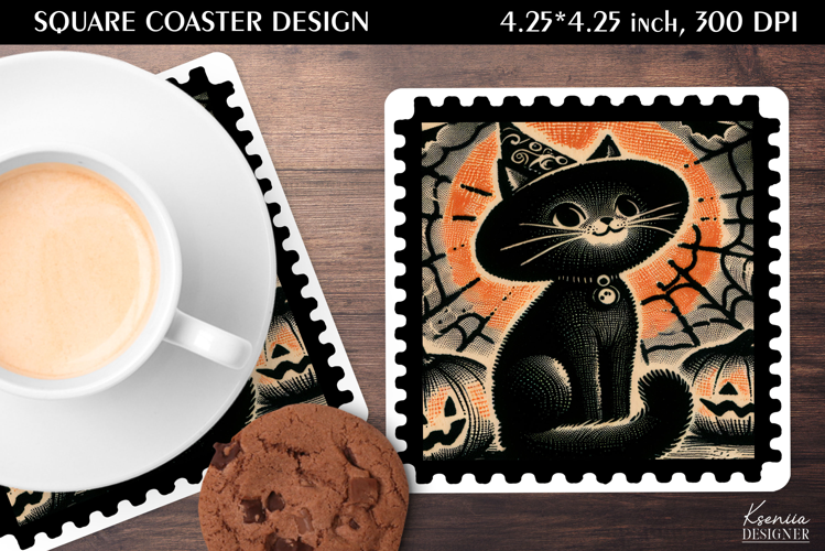 Vintage Postage Stamp Fall Halloween Square Coaster