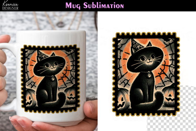 Vintage Halloween Cat | Postage Stamp Halloween Coffee Mug