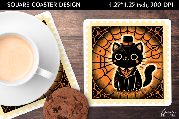 Vintage Postage Stamp Fall Halloween Square Coaster