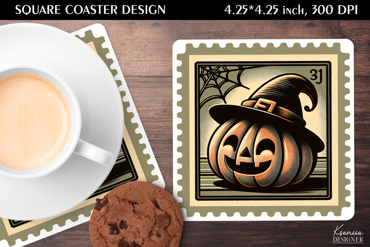 Vintage Postage Stamp Fall Halloween Square Coaster